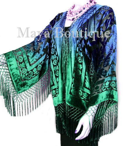 Maya Matazaro Art to Wear Burnout Velvet Kimono Jacket Hand Dyed Green Blue