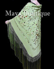 Silk Embroidered Flamenco Piano Shawl Wrap Mint Green Hand Dyed Maya Matazaro