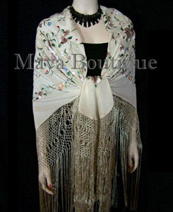 Maya Matazaro Flamenco Embroidered Silk Piano Shawl Wrap Fringed Scarf Beige 84"
