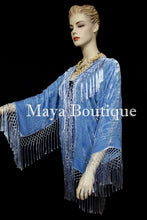 Maya Matazaro Serenity Blue Kimono Silk Burnout Velvet Fringe Jacket Short