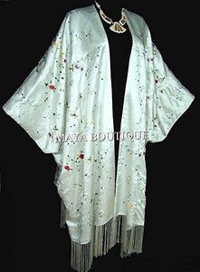 White Embroidered Silk Kimono Caftan Duster Coat Plus Size Maya Matazaro