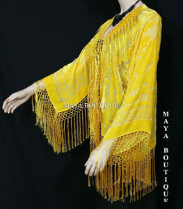 Maya Matazaro Canary Yellow Fringe Jacket Kimono Silk Burnout Velvet USA Made