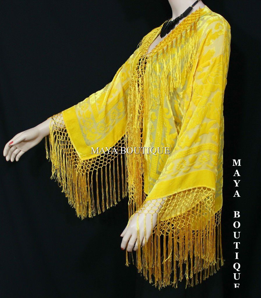 Maya Matazaro Canary Yellow Fringe Jacket Kimono Silk Burnout Velvet USA Made