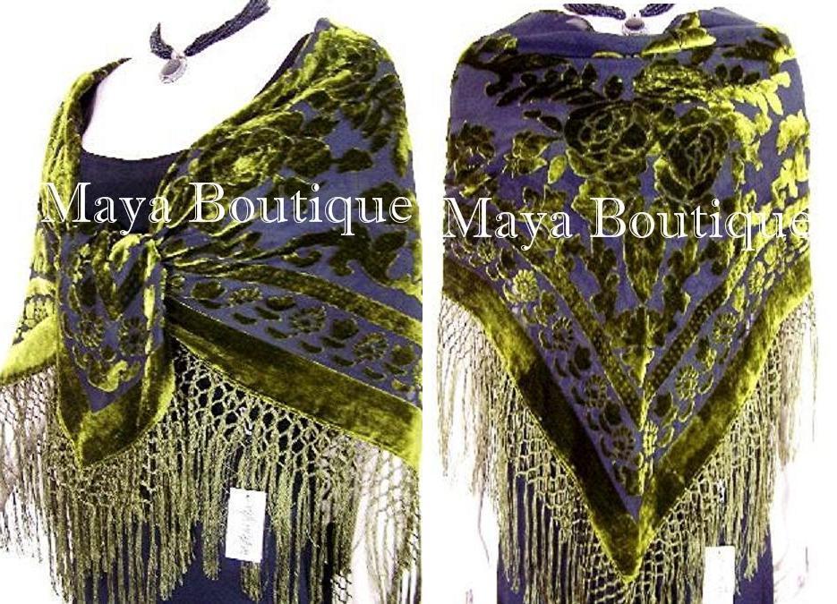 Piano Shawl Wrap Scarf Silk Burnout Velvet Olive Green Dark Gray Maya Matazaro