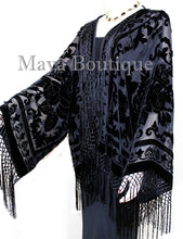 Fringe Jacket Burnout Velvet Short Kimono Black Maya Matazaro Plus size