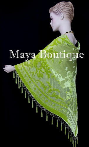 Lime Green Piano Shawl Scarf Wrap All Beaded Silk Burnout Velvet Maya Matazaro