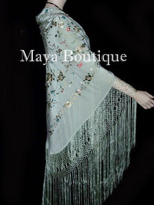 Maya Matazaro Flamenco Embroidered Silk Piano Shawl Wrap Sage Green 84"
