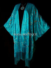 Turquoise Embroidered Silk Kimono Caftan Duster Opera Coat Maya Matazaro Plus