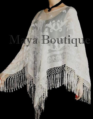 Ivory Maya Matazaro Silk Burnout Velvet Poncho Top Piano Shawl Fringed Wrap