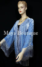 Maya Matazaro Serenity Blue Kimono Silk Burnout Velvet Fringe Jacket Short