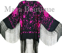 Maya Matazaro Embroidered Silk Fringe Jacket Kimono Black & Fuchsia Short