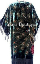 Silk Velvet KIMONO Opera Coat Duster Beaded Black Multi Peacock Maya Boutique