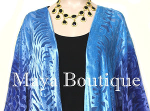 Blue Turquoise Camellia Burnout Velvet Caftan Kimono Hand Dyed Maya Matazaro USA