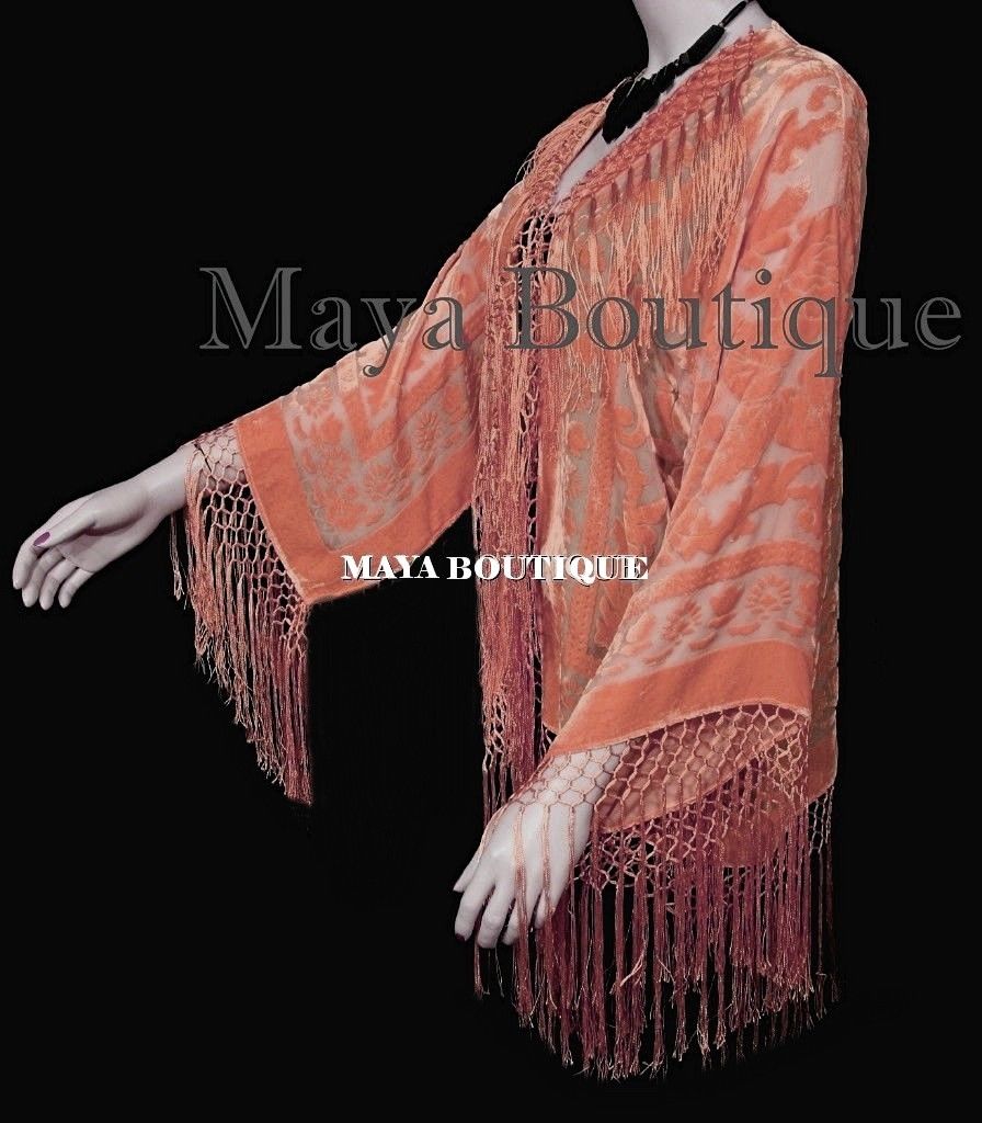 Papaya Orange Silk Burnout Velvet Fringe Jacket Short Kimono Maya Matazaro USA