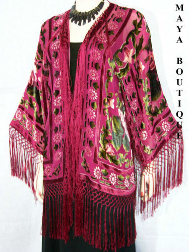 Fringe Jacket Bolero Silk Burnout Velvet Wine Multi Short
