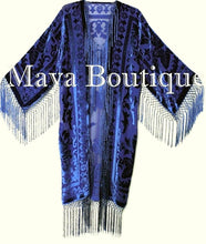 Navy Blue Fringe Jacket Long Kimono Silk Burnout Velvet Maya Matazaro USA Made