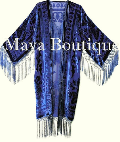 Navy Blue Fringe Jacket Long Kimono Silk Burnout Velvet Maya Matazaro USA Made