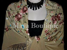 Flamenco Embroidered Silk Piano Shawl Wrap Wheat Floral 84" Maya Matazaro