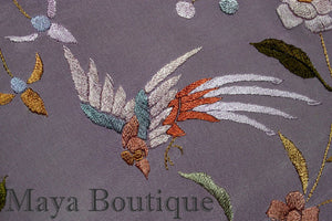 Maya Matazaro Embroidered Silk Fringe Jacket Kimono Lilac Multi Birds Flower