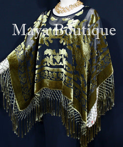 Maya Matazaro Antique Gold & Black Burnout Velvet Poncho Shawl Top With Fringes