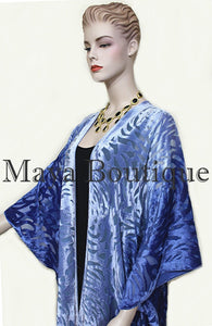 Niagara Blue Ombre Camellia Burnout Velvet Caftan Kimono Hand Dyed Maya Matazaro