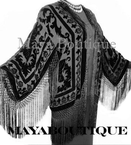 Flapper Fringe Jacket Kimono Black Rayon Blend Burnout Velvet Short Maya Jacket