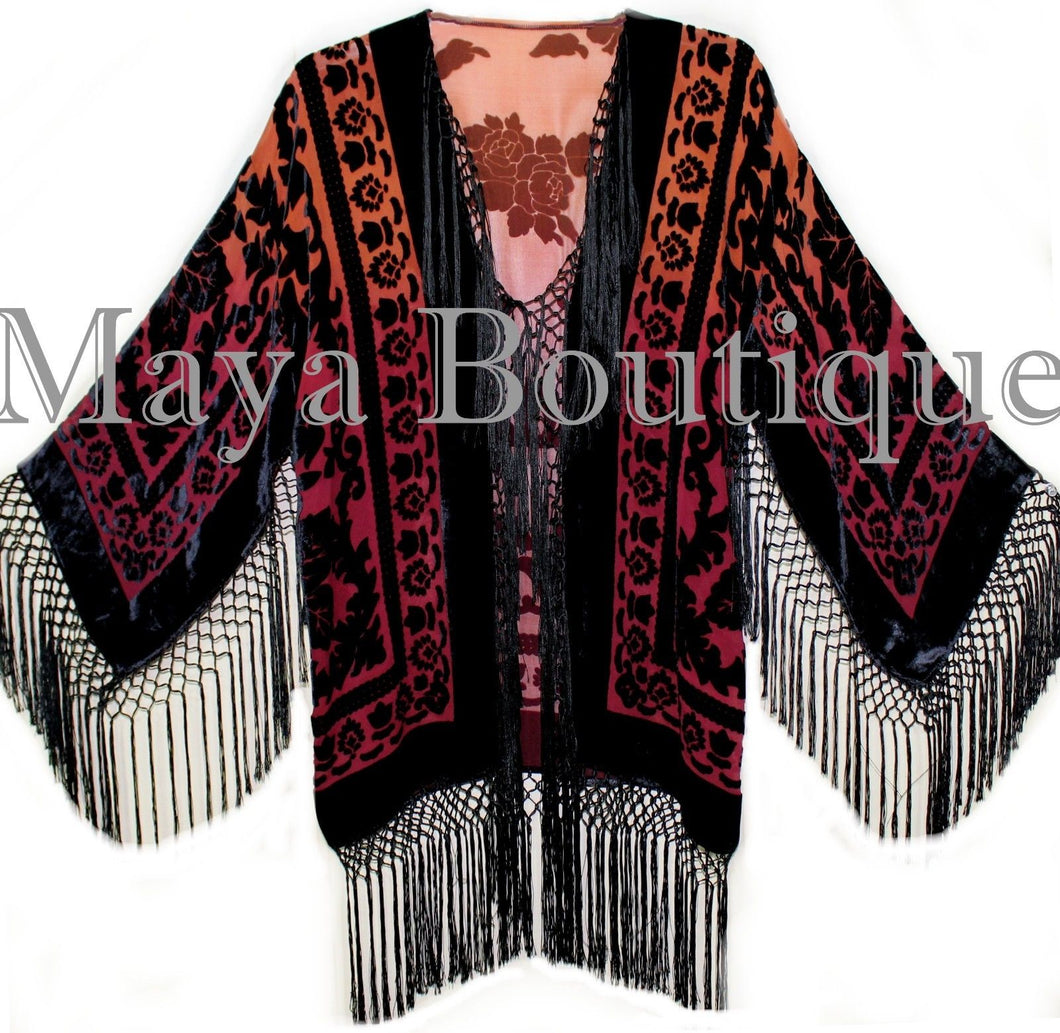 Wearable Art Tangerine Wine Velvet Kimono Jacket Hand Dyed Short Maya Matazaro