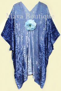 Niagara Blue Ombre Camellia Burnout Velvet Caftan Kimono Hand Dyed Maya Matazaro