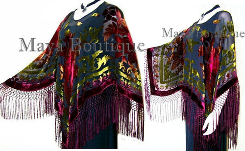 Tye Dye Poncho Shawl Top Silk Burnout Velvet Burgundy Multi Maya Matazaro