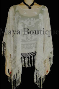 Ivory Maya Matazaro Silk Burnout Velvet Poncho Top Piano Shawl Fringed Wrap