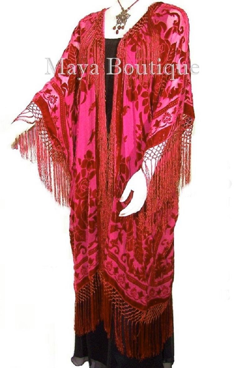 Scarlet Red Kimono Opera Coat Caftan Duster Silk Burnout Velvet Maya Clothing