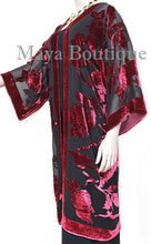 Red Long Kimono Jacket Silk Burnout Velvet No Fringe Maya Matazaro