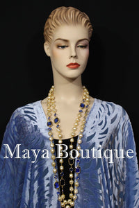 Maya Matazaro Serenity Blue Camellia Burnout Velvet Caftan Kimono Jacket USA