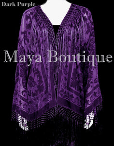 Dark Purple Kimono Fringe Jacket SILK Burnout Velvet Short Maya Matazaro Plus Sz