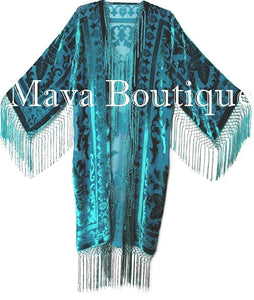 Kimono Burnout Velvet Silk Fringe Jacket Teal Turquoise Maya Matazaro
