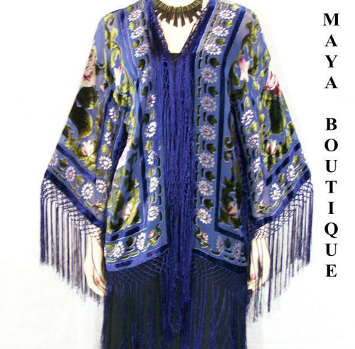 Fringe Jacket Bolero Silk Burnout Velvet Blue Multi