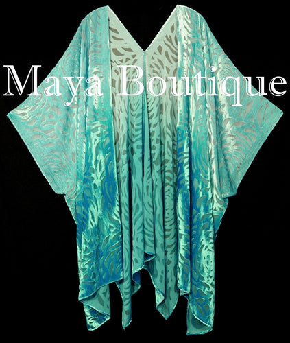 Maya Matazaro Aqua Ombre Camellia Burnout Velvet Caftan Kimono Jacket Hand Dyed