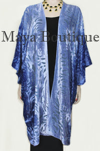 Niagara Blue Ombre Camellia Burnout Velvet Caftan Kimono Hand Dyed Maya Matazaro