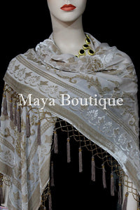 Beige Piano Shawl Scarf Wrap All Beaded Silk Burnout Velvet Maya Matazaro