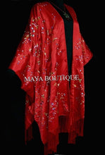 Red Embroidered Silk Kimono Caftan Duster Opera Coat Maya Matazaro Plus Up to 5X