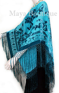 Teal Turquoise Silk Burnout Velvet Poncho Kimono Top Shawl Maya Matazaro