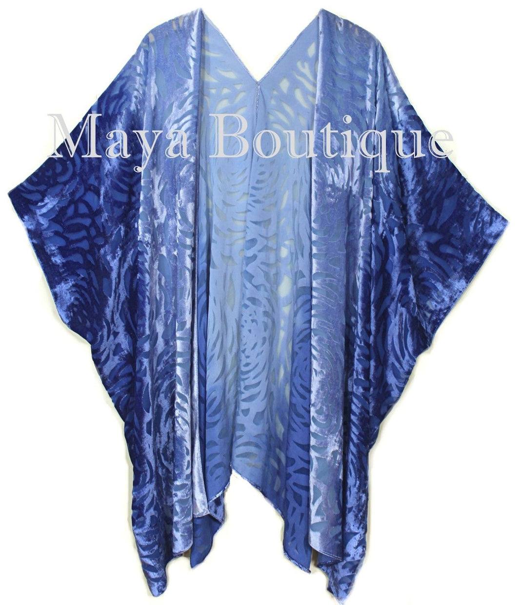 Niagara Blue Ombre Camellia Burnout Velvet Caftan Kimono Hand Dyed Maya Matazaro