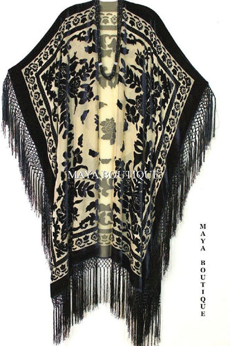 Caftan Duster Fringe Jacket Kimono Black & Beige Silk Burnout Velvet Maya