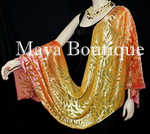 Maya Matazaro Hand Dyed Orange Gold Camellia Shawl Wrap Scarf Burnout Velvet