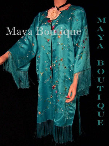 Silk Kimono Duster Coat Kimono All Embroidered & Lined Turquoise Maya Matazaro