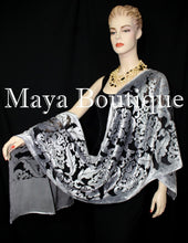 Maya Matazaro Baroque Shawl Wrap Scarf Burnout Velvet Silver Black