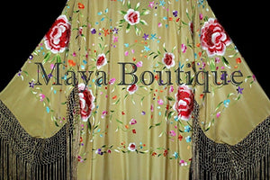 Gold Beige Silk Embroidered Fringe Jacket Flamenco Kimono Multi Maya Matazaro