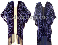 Maya Matazaro Caftan Kimono Burnout Velvet Art Nouveau Dark Blue Elegant!
