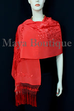 Red Embroidered Silk Wrap Shawl Scarf Oblong with Fringes Maya Matazaro