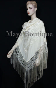Ivory Flamenco Embroidered Silk Piano Shawl Wrap Flowers & Birds 88" Maya